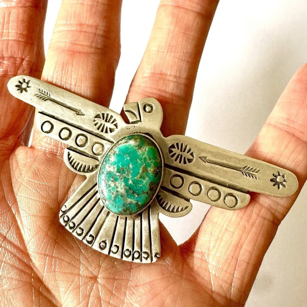 HUGE Navajo Turquoise Thunderbird Ring Sz 8 Stamped Sterling Silver Signed James